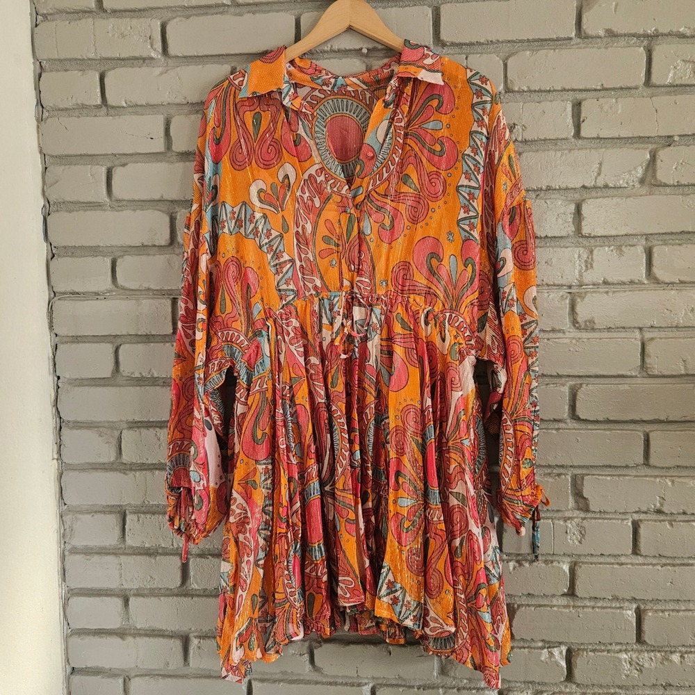 Sundress XL XXL Orange Pink Psychedelic Paisley Metallic Lurex Mini Dress Boho‎
